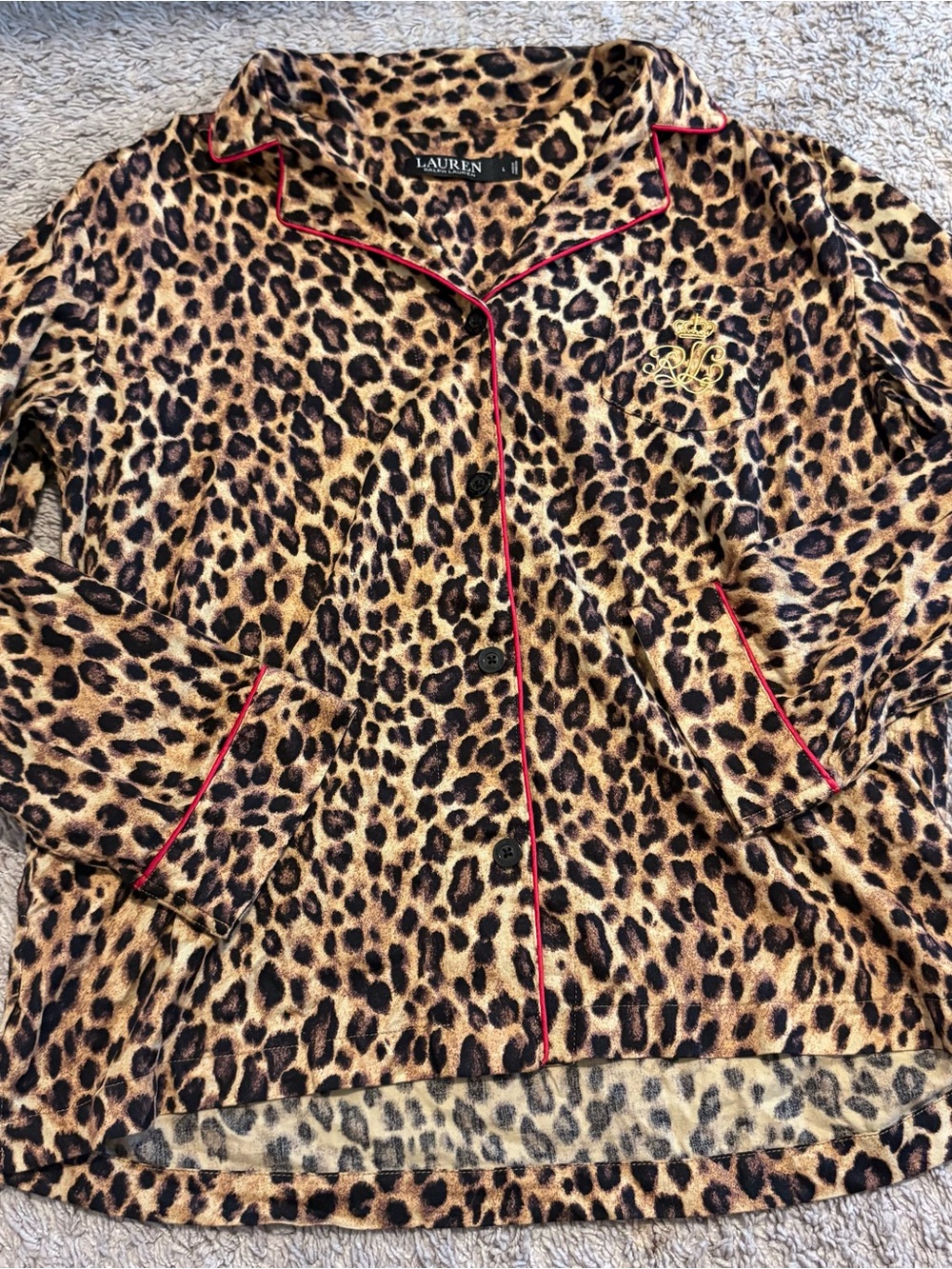 Ralph Lauren Leopard-Print Button Front Top with Red Piping